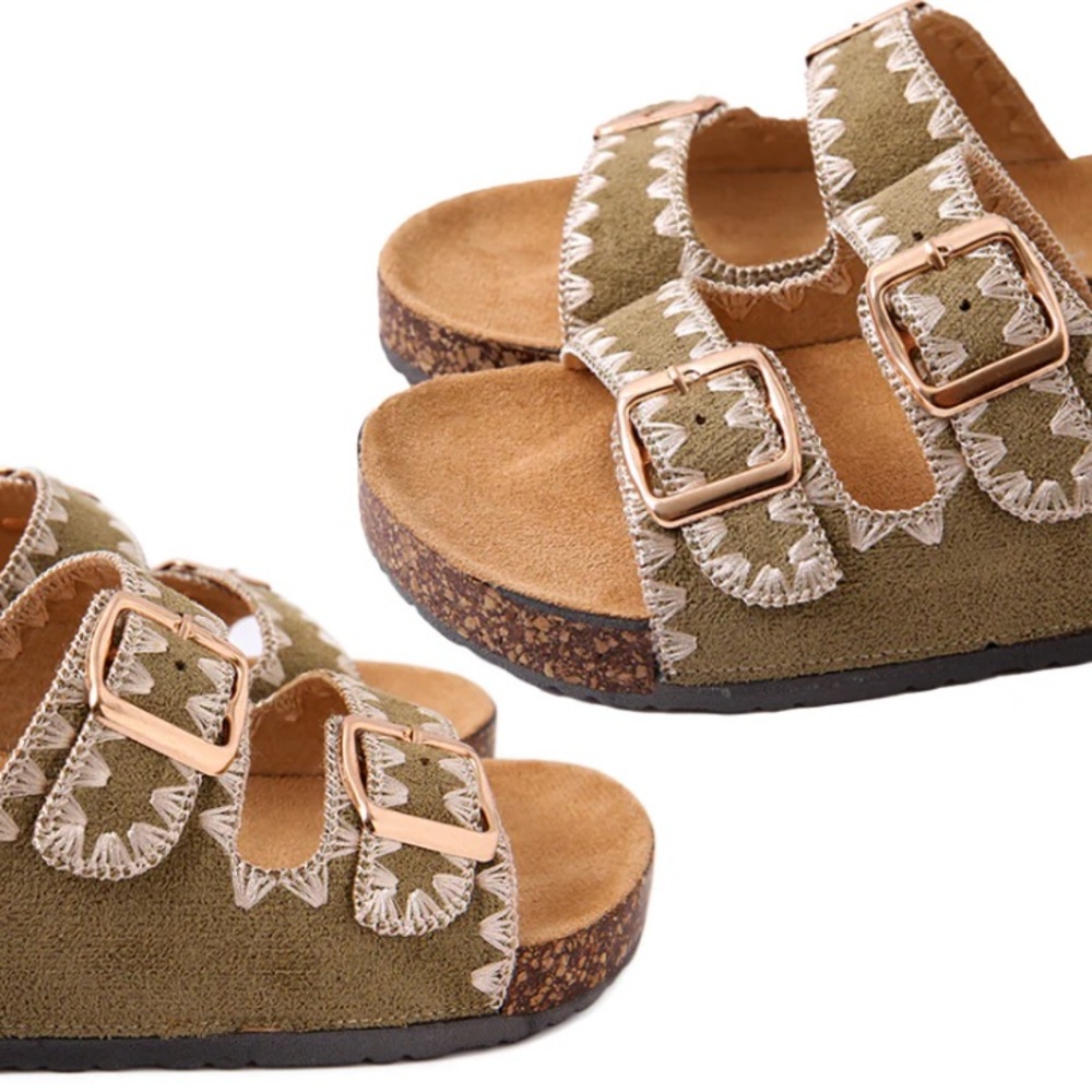 Olive Double Buckle Suede Slide Sandals